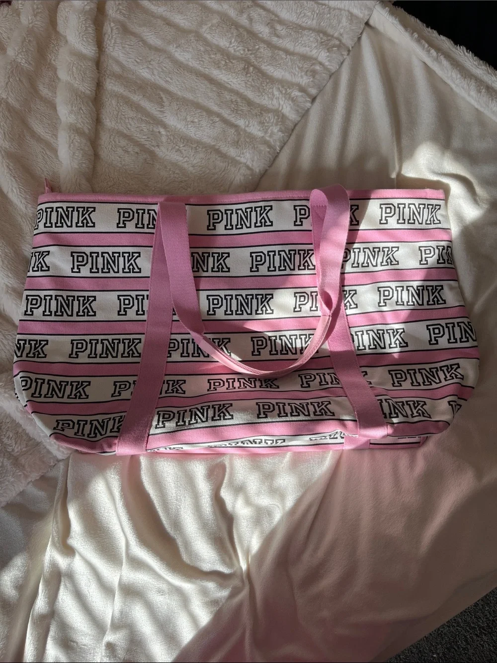 PINK Victoria's Secret Pink & White Logo Stripe Canvas Tote